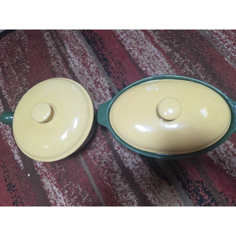 Vintage Cameron Clay Casserole Bake Oven USA Green&Yellow Nice Condition-2 Piece